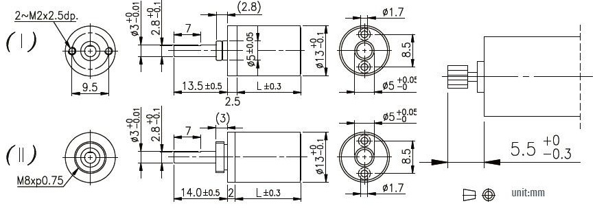 Dimensions m&eacute;caniques du r&eacute;ducteur plan&eacute;taire 13 mm