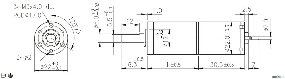 Dessin dimensionnel du motor&eacute;ducteur plan&eacute;taire CC 22 mm 12 V et 24 V