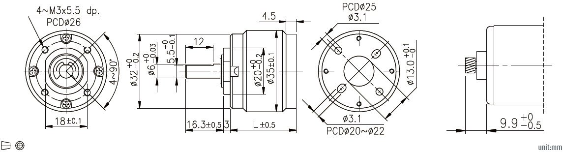 Dessin dimensionnel du r&eacute;ducteur plan&eacute;taire 32 mm