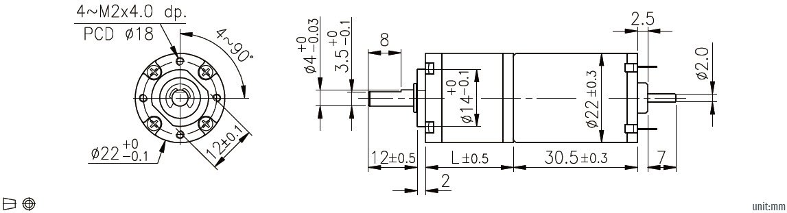 Dessin dimensionnel du motor&eacute;ducteur plan&eacute;taire CC