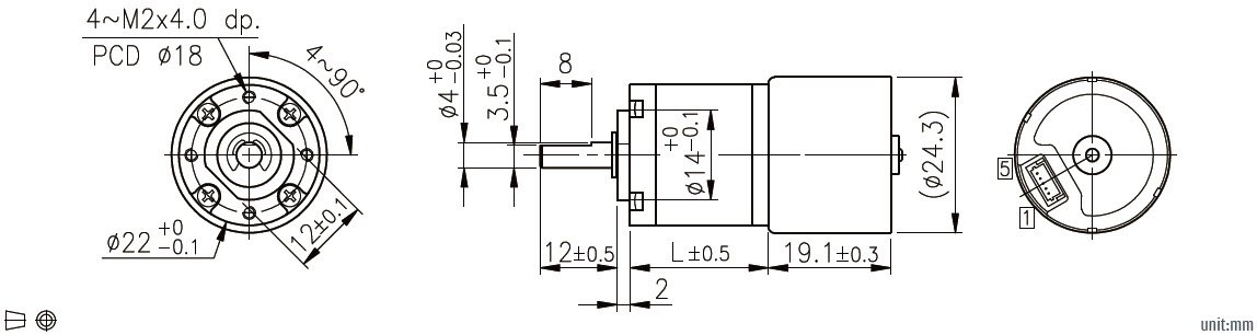 Dessin technique du motor&eacute;ducteur plan&eacute;taire CC 22 mm