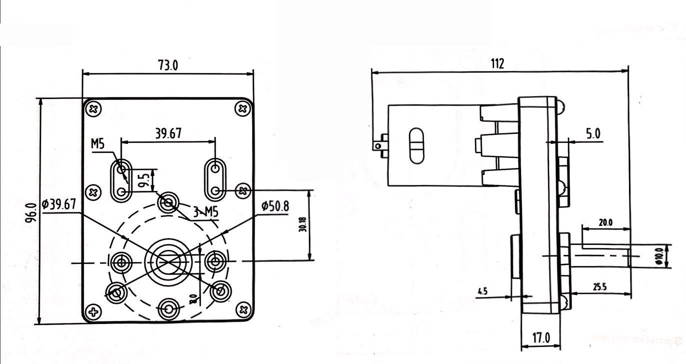 Dessin des dimensions du moteur r&eacute;ducteur de 60 mm