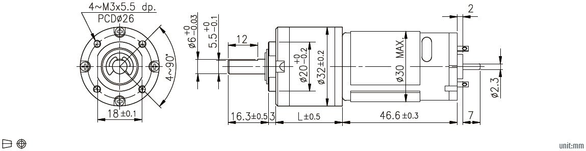 Dessin dimensionnel du motor&eacute;ducteur plan&eacute;taire 32 mm