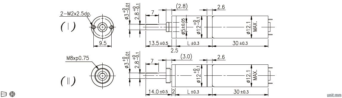 Dessin technique du motor&eacute;ducteur plan&eacute;taire CC 12 mm