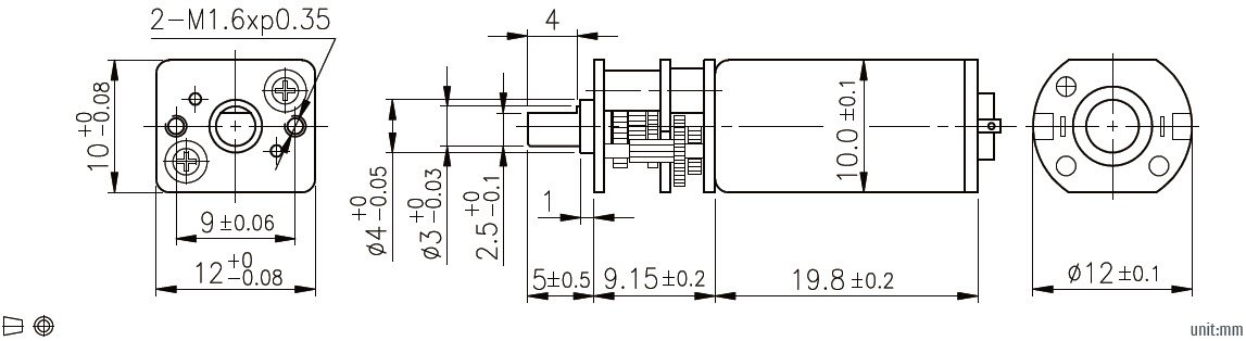 Dessin dimensionnel du moteur &agrave; engrenages &agrave; courant continu de 12 mm 