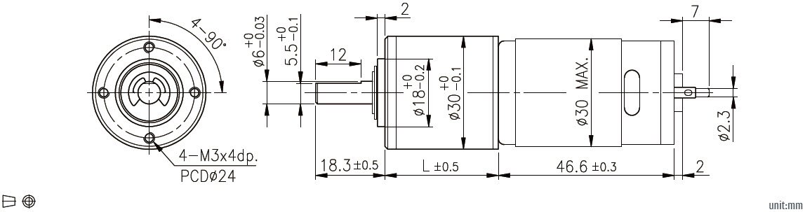 Dessin dimensionnel du moteur &agrave; engrenages plan&eacute;taires de 30 mm