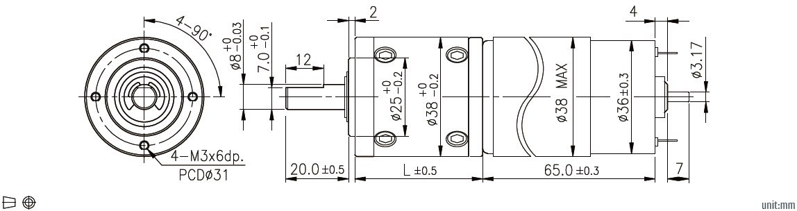 Dessin technique du motor&eacute;ducteur plan&eacute;taire DC 38 mm