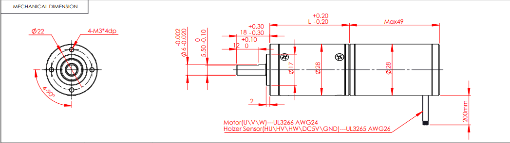 Dimensions m&eacute;caniques du moteur &agrave; engrenage plan&eacute;taire de 28 mm
