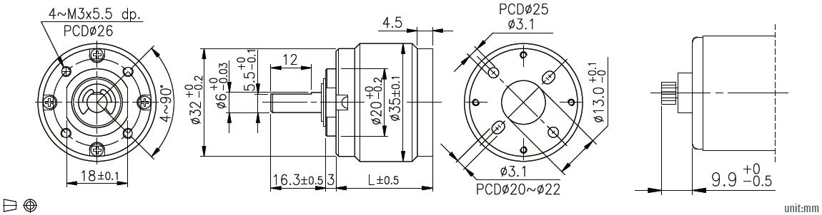 Dessin technique du r&eacute;ducteur plan&eacute;taire 32 mm